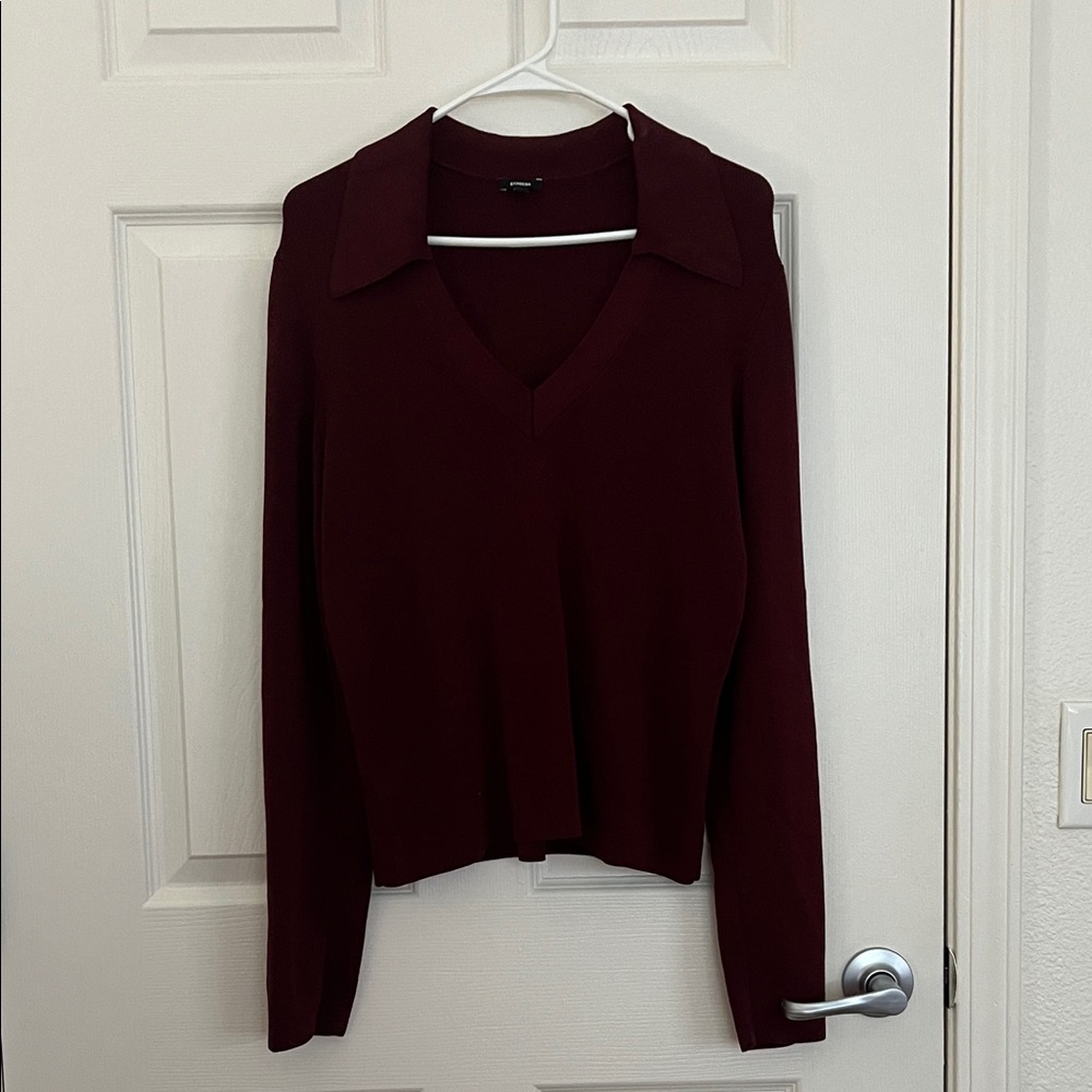 Express Burgundy V-Neck Collared Sweater